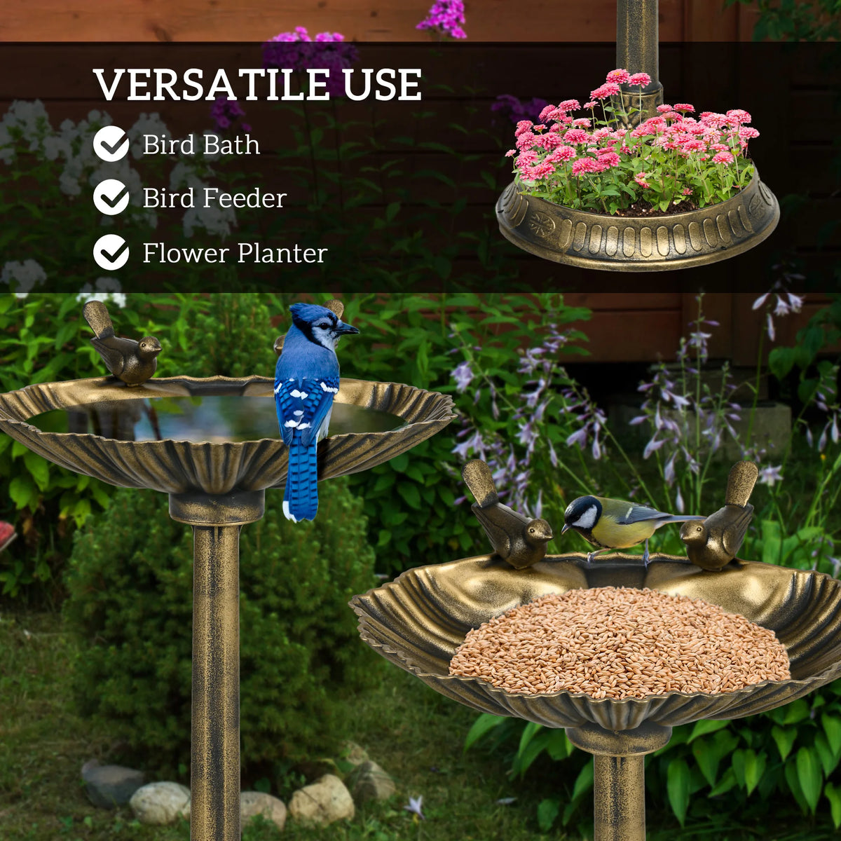 Outsunny Antique Dual Basin Bird Bath With Planter Pedestal
