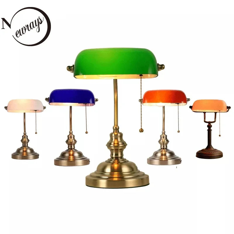 Traditional Glass Bankers Desk Lamp Featuring Zipper Switch And E27