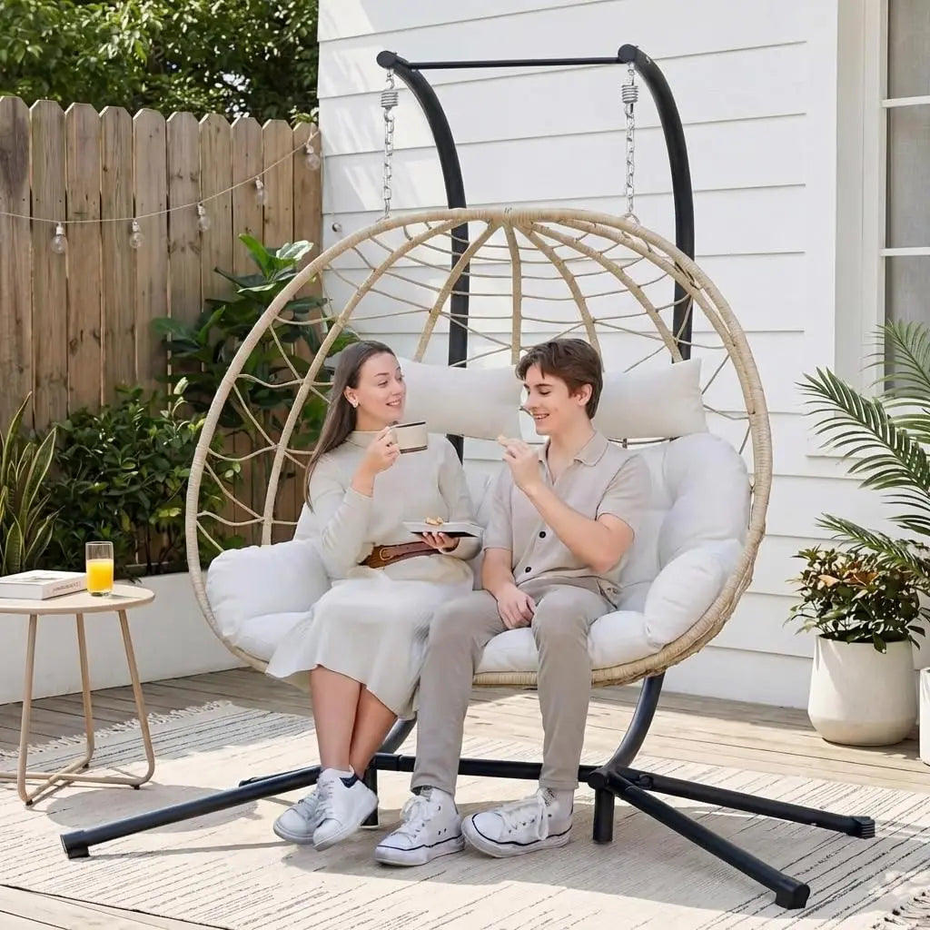 Wicker Double Hanging Egg Chair With Stand For Indoor Outdoor