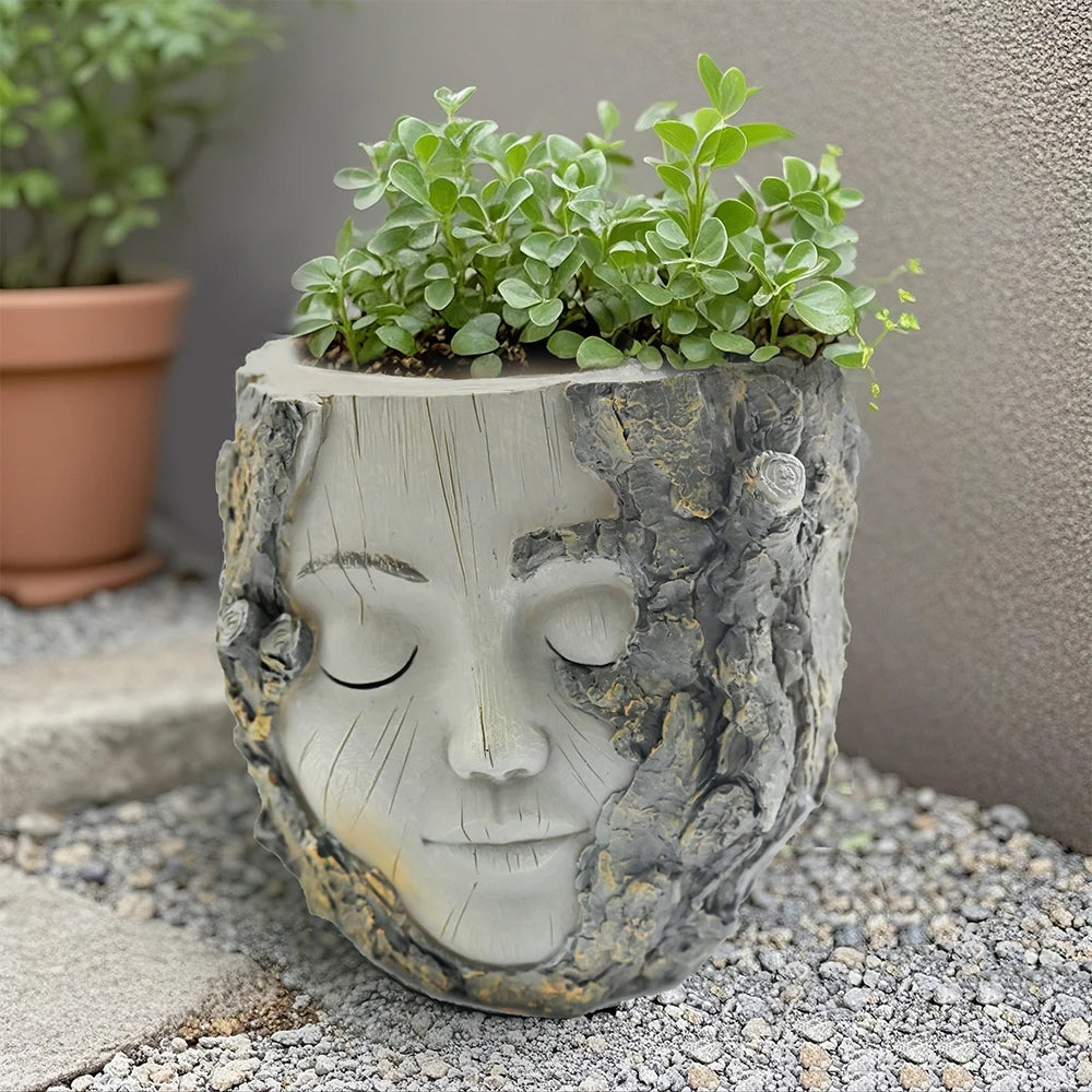 Handpainted Resin Tree Stump Girl Planter For Home Decor Shelf