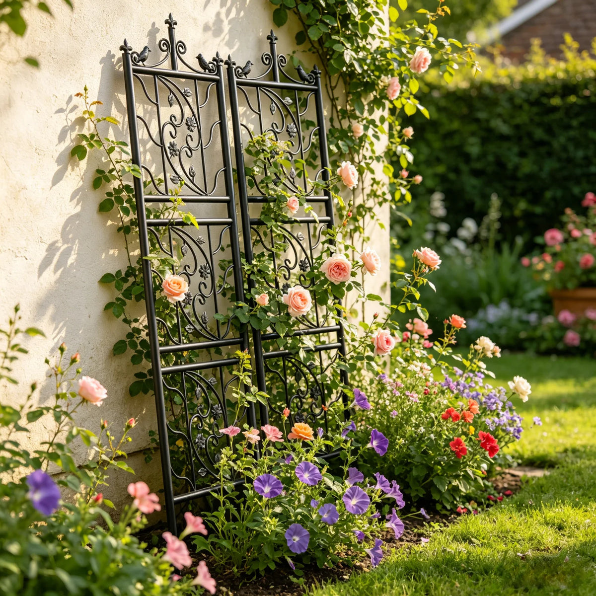 Metal Garden Trellis Bird Leaf Grid Panel Support Climbing Vine