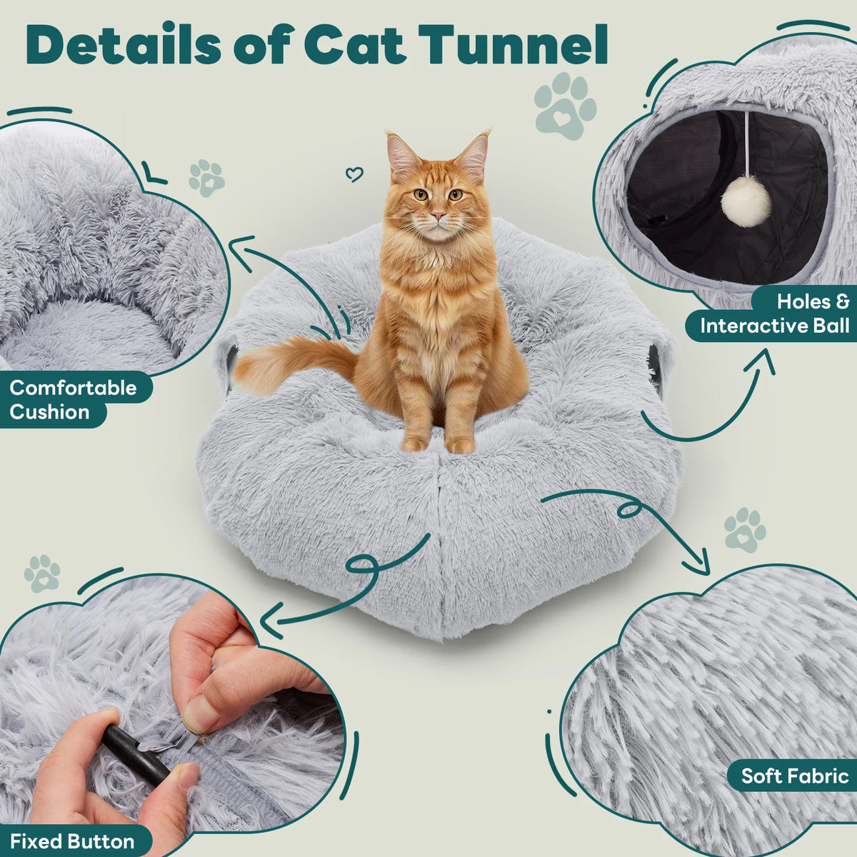 JHK Cat Tunnel Bed Soft Plush Washable Pet Toy Playhouse