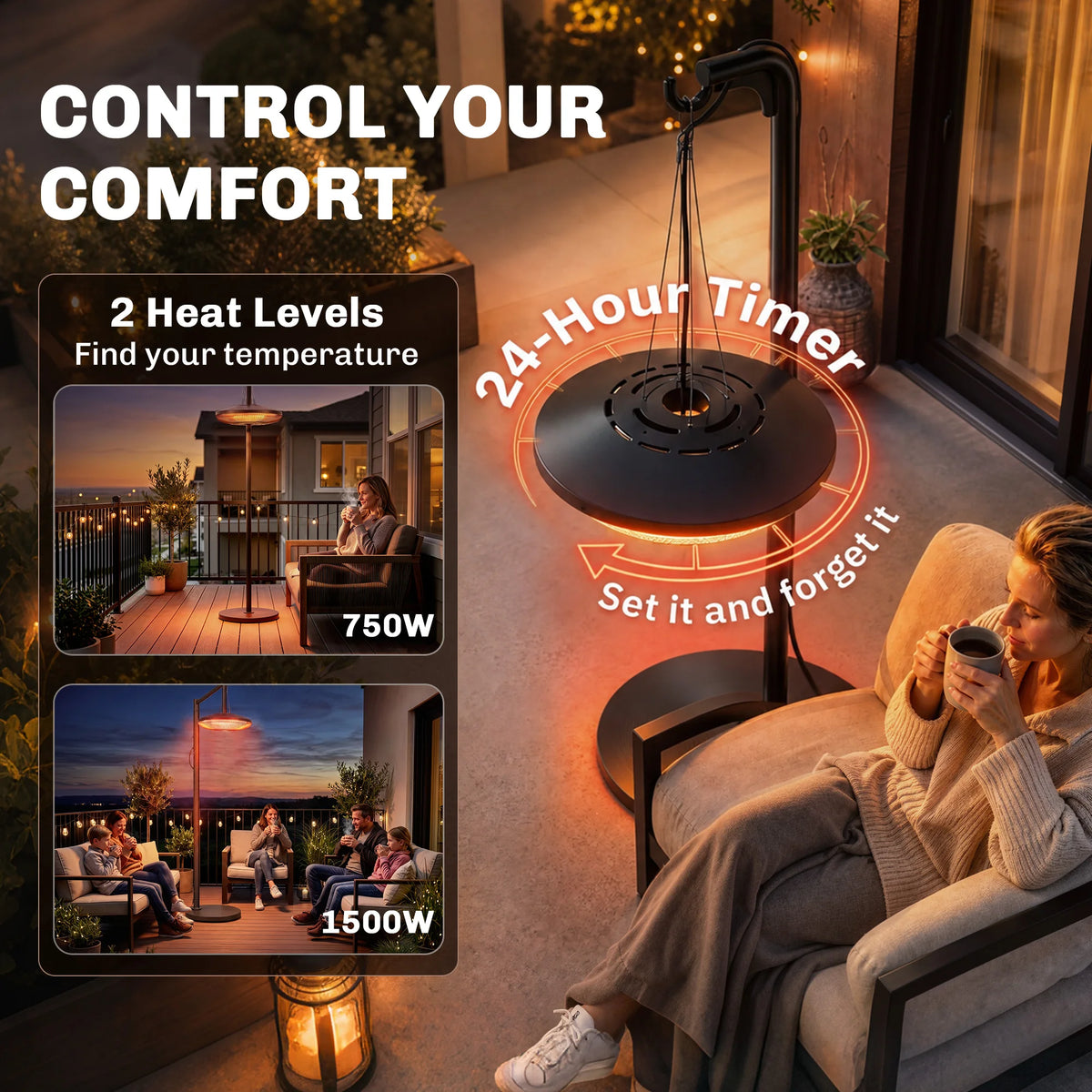 Outsunny Hanging Patio Heater With LED Light And Adjustable Heat