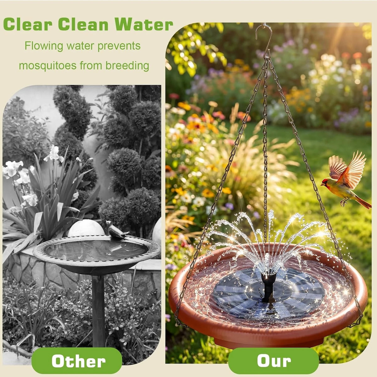Decorative Hanging Solar Bird Bath And Feeder With Fountain
