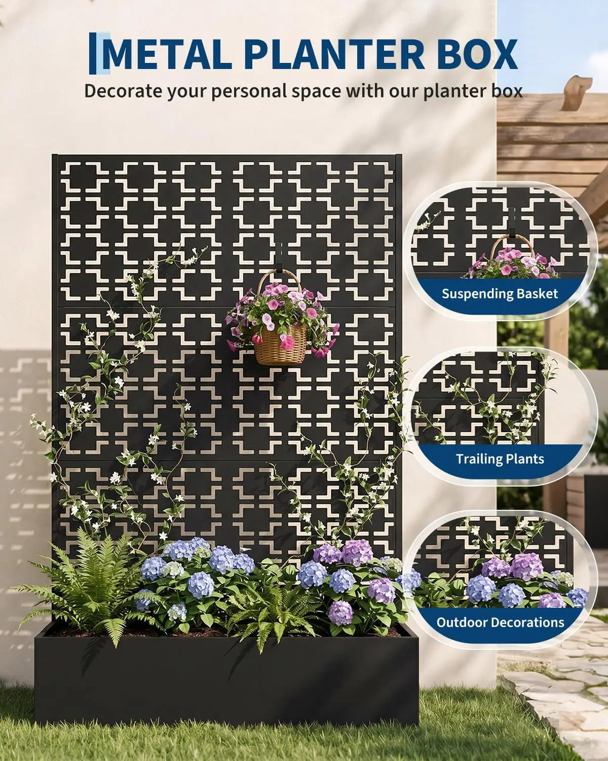 HiMISS Metal Raised Planter Box With Trellis And Privacy Screen