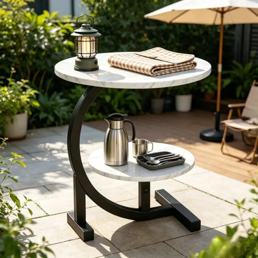 C Shaped Weather Resistant Outdoor Faux Marble Side Table