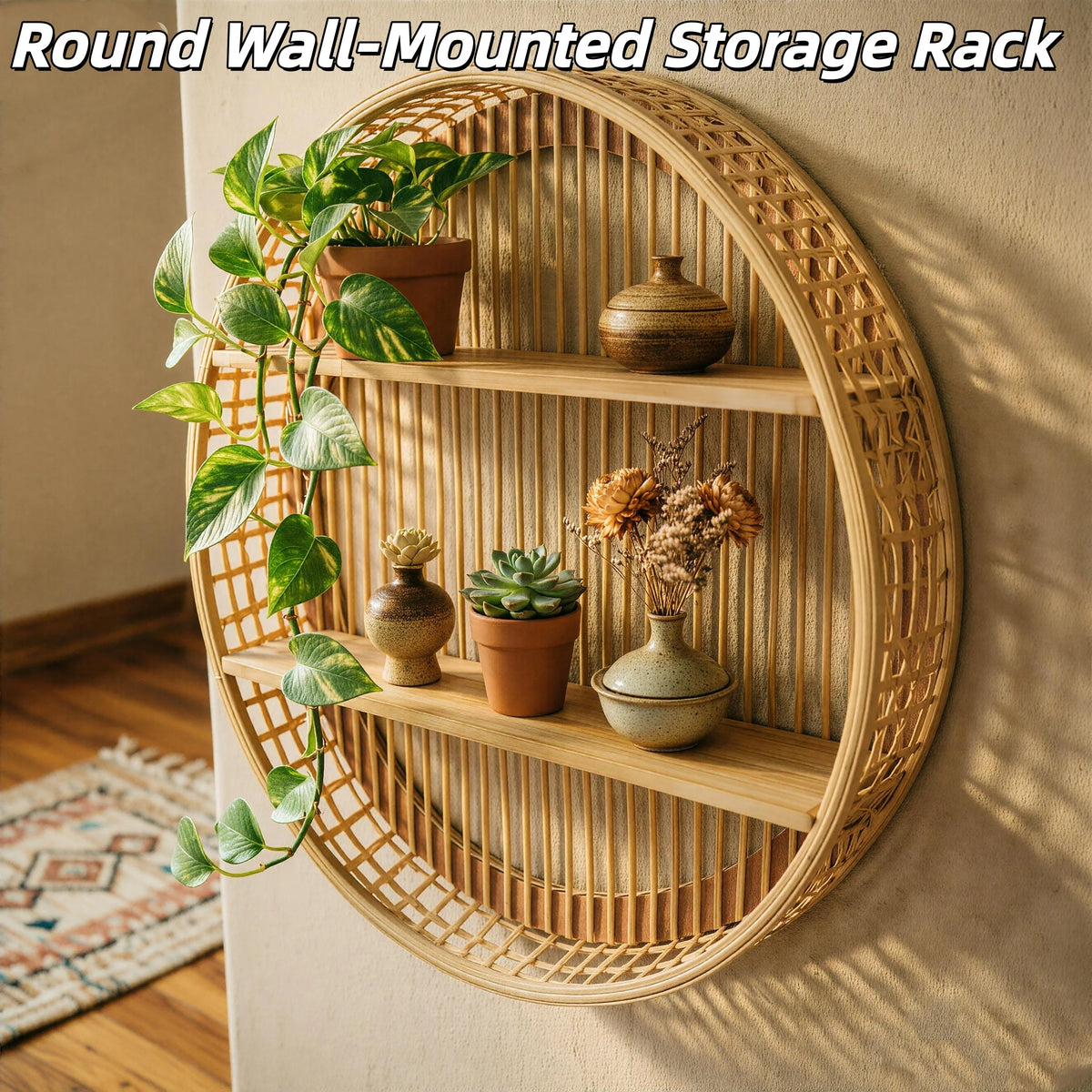 Two Tier Round Bamboo Wall Shelf With Farmhouse Decor