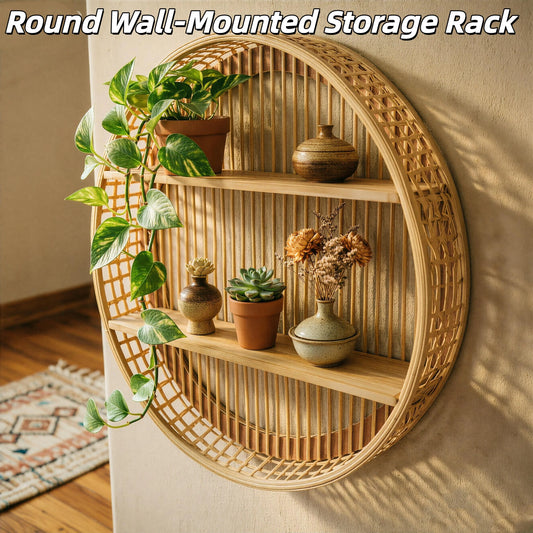 Two Tier Round Bamboo Wall Shelf With Farmhouse Decor