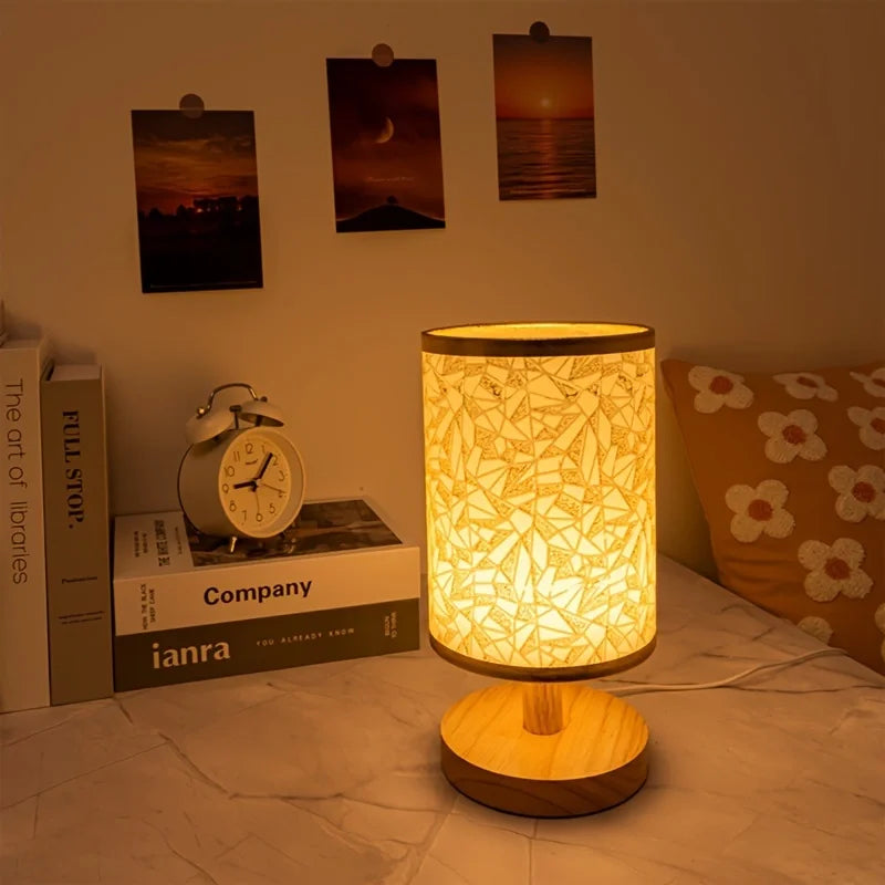 Wooden USB Table Lamp With Fabric Shade Emitting Warm Monochromatic Light