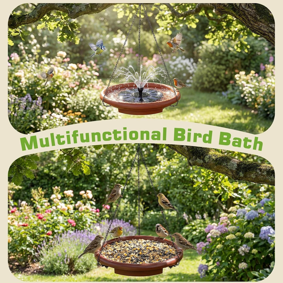 Decorative Hanging Solar Bird Bath And Feeder With Fountain