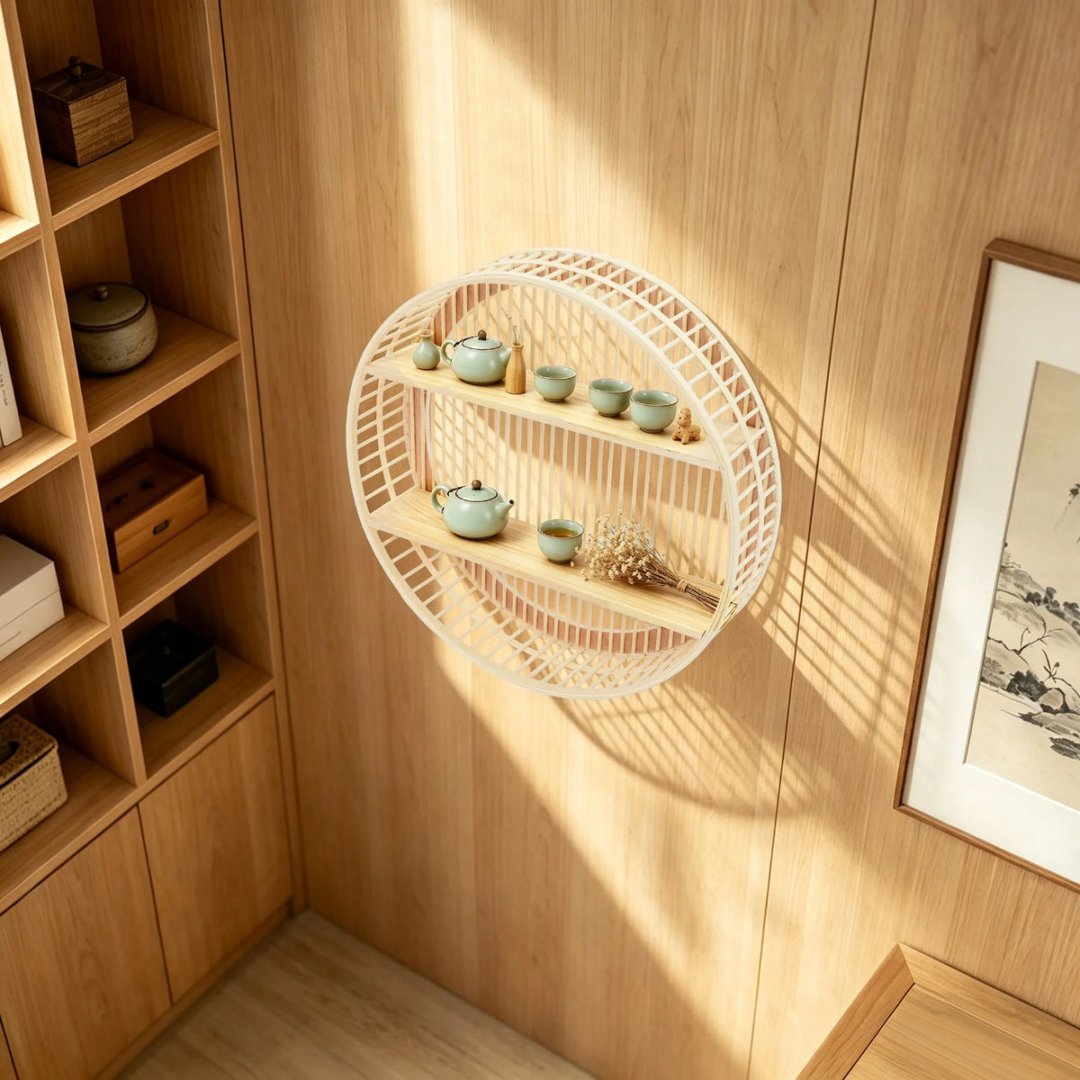 Two Tier Round Bamboo Wall Shelf With Farmhouse Decor