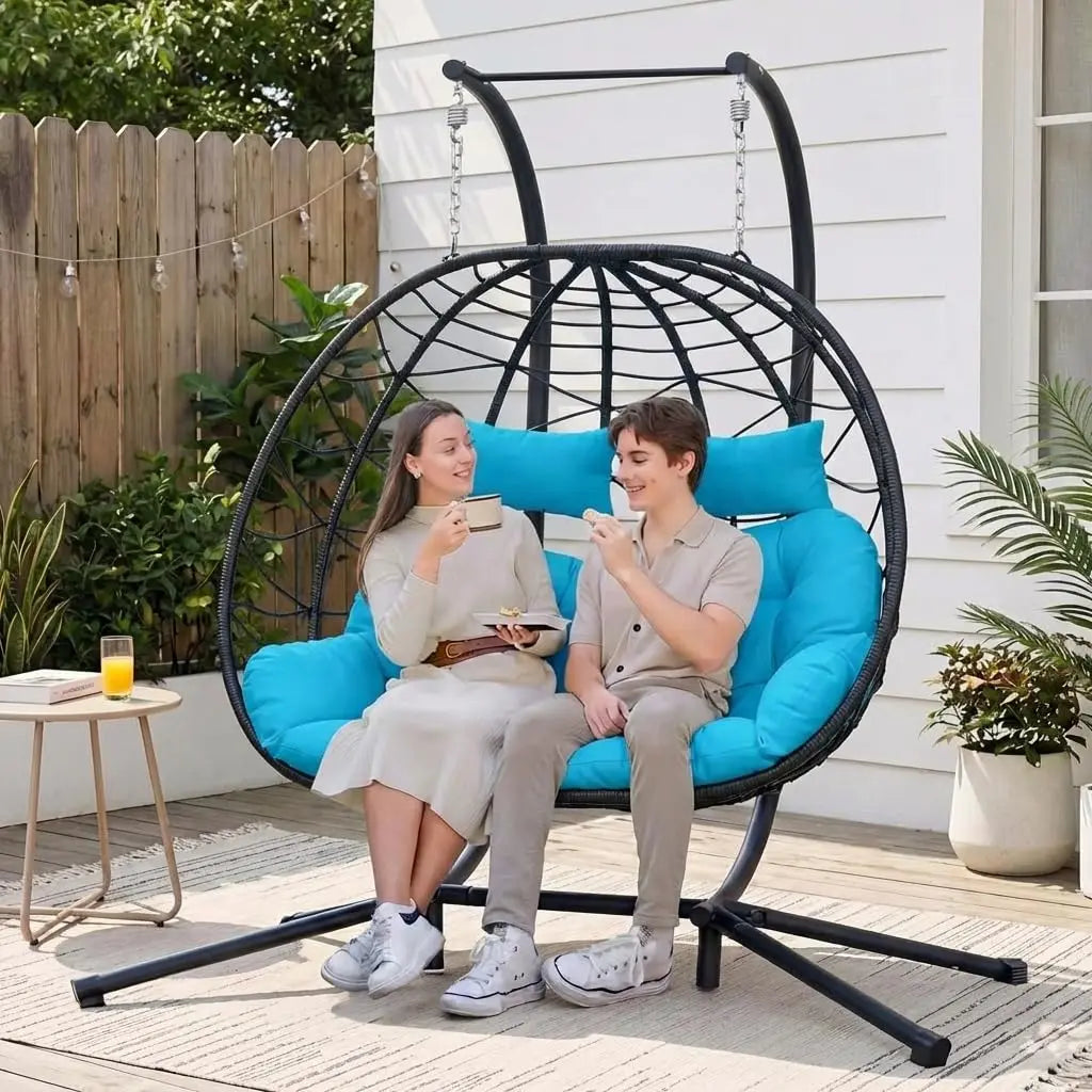 Wicker Double Hanging Egg Chair With Stand For Indoor Outdoor