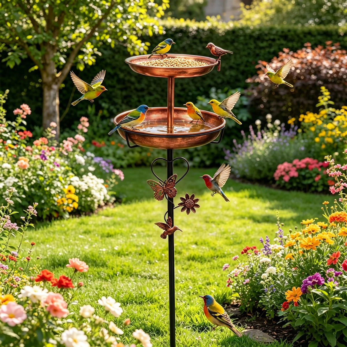 2 Tier Copper Metal Bird Bath For Garden Outdoor Decor