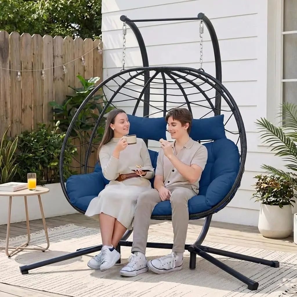 Wicker Double Hanging Egg Chair With Stand For Indoor Outdoor