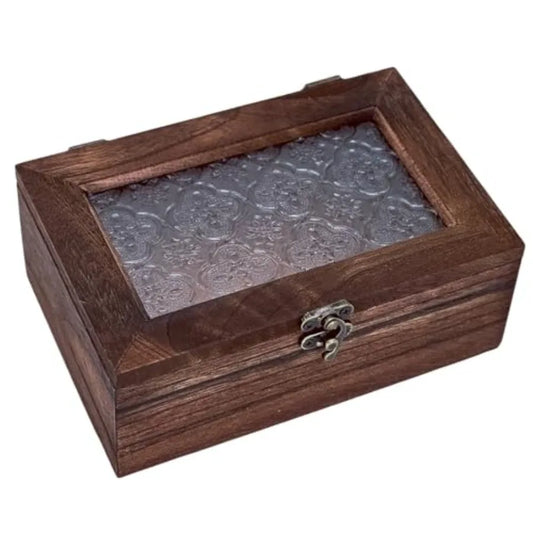 Vintage Bamboo Keepsake Box With Glass Lid For Jewelry Storage