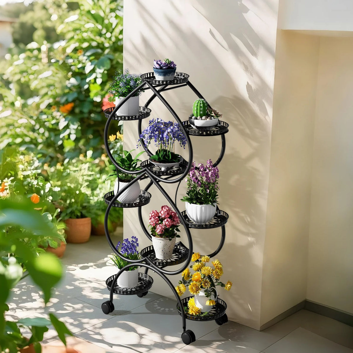 Nine Tier Metal Rolling Plant Stand for Garden Display