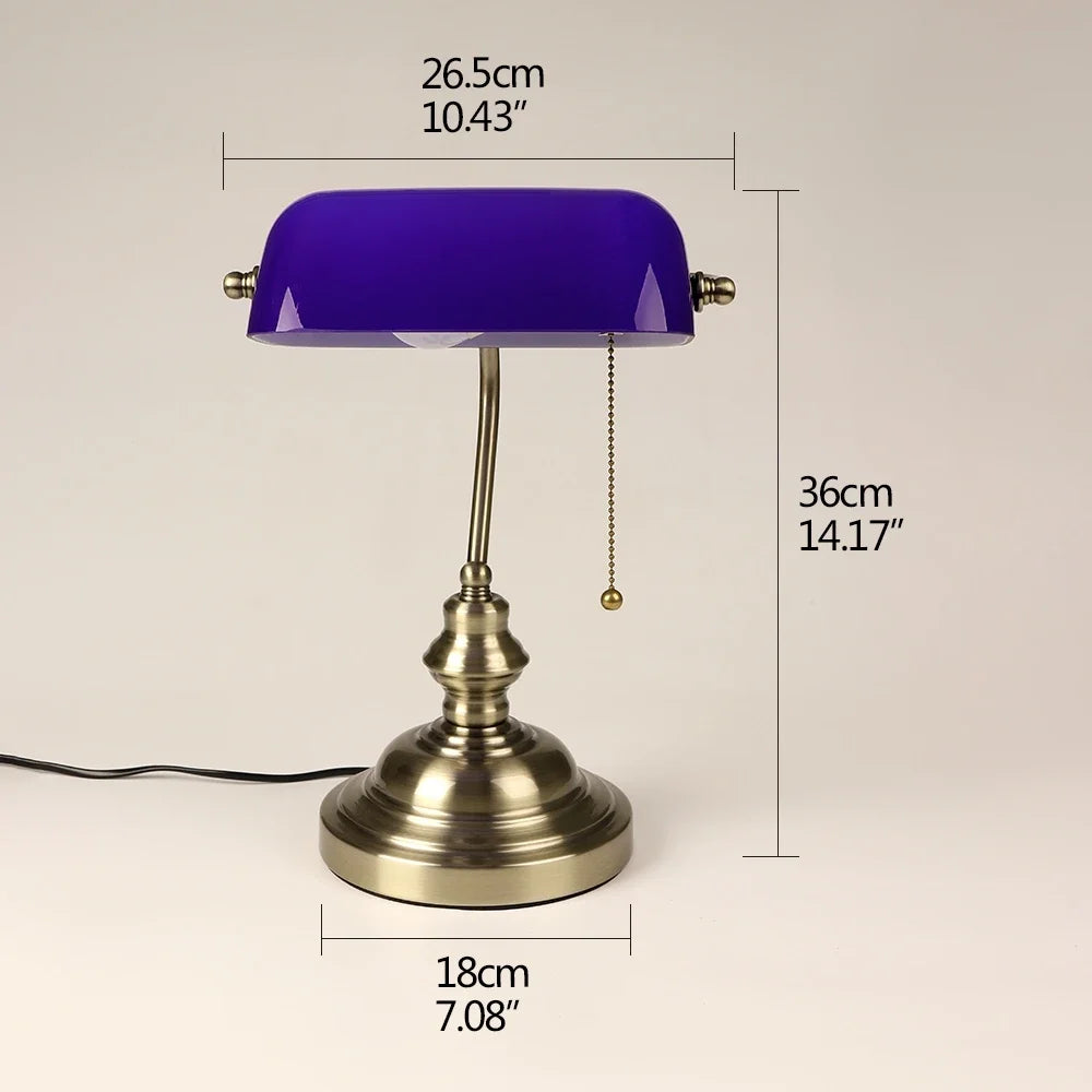 Traditional Glass Bankers Desk Lamp Featuring Zipper Switch And E27
