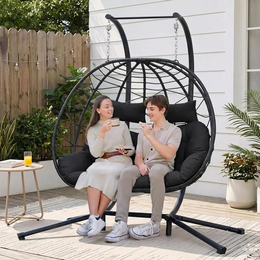 Wicker Double Hanging Egg Chair With Stand For Indoor Outdoor