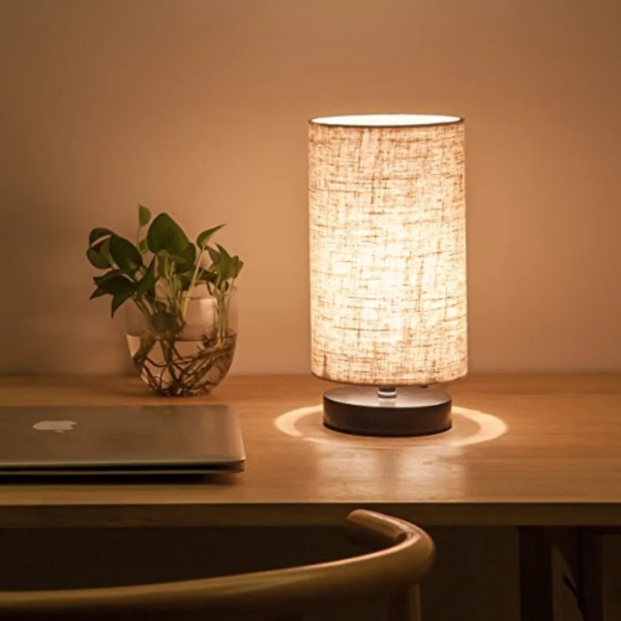 Solar Bedside Lamp Wooden Base Fabric Shade Cylinder Shape Nightstand