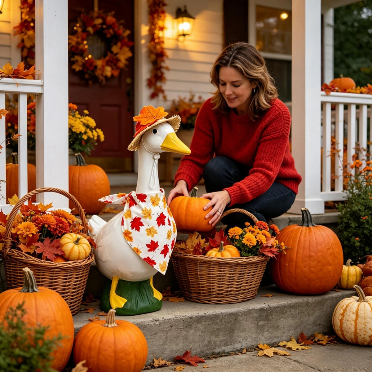 Thanksgiving Porch Goose Fall Leaves Scarf And Hat Garden Decor