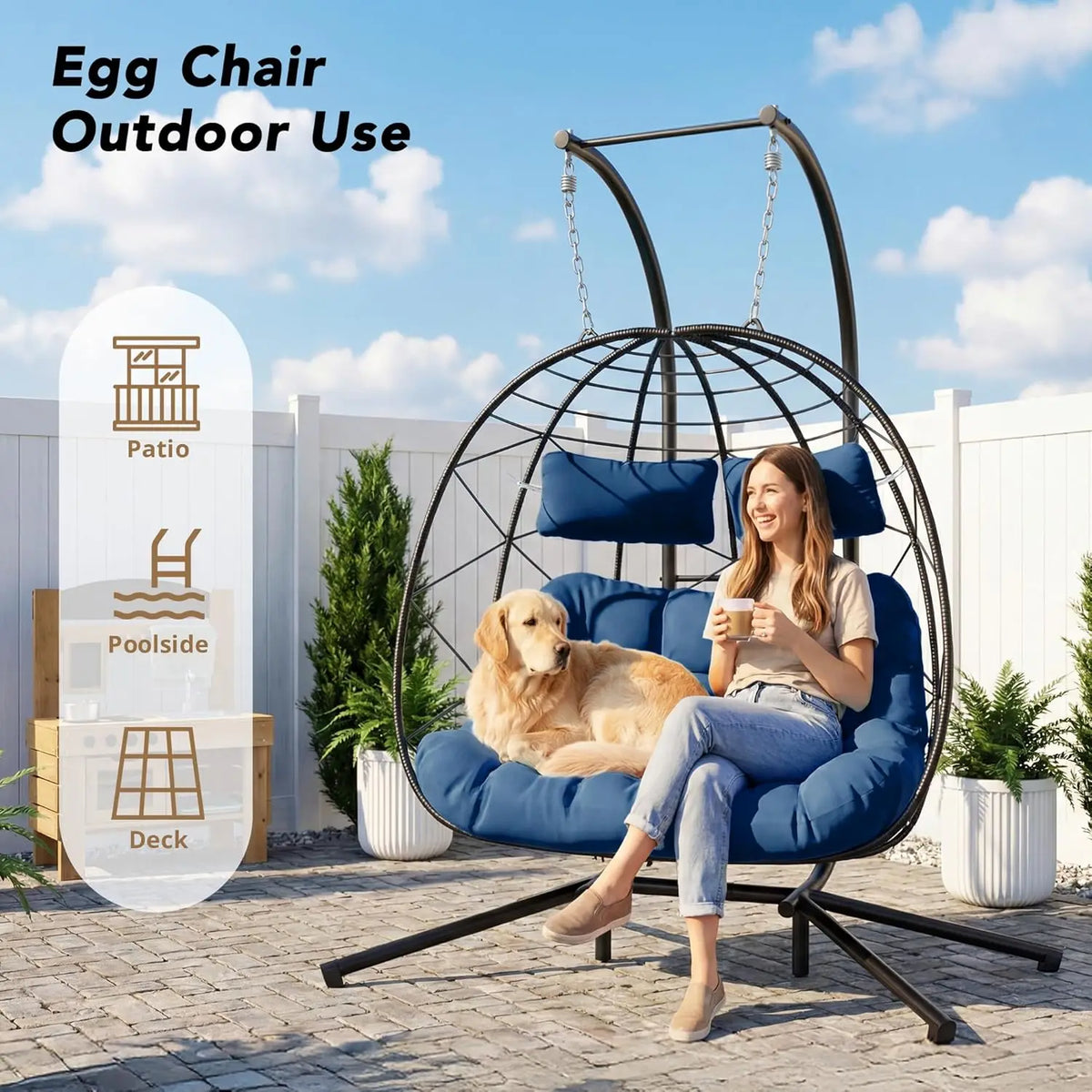 Wicker Double Hanging Egg Chair With Stand For Indoor Outdoor