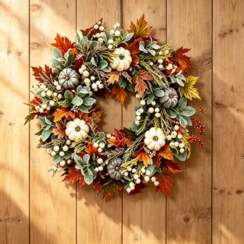 Thanksgiving Fall Wreath With Pumpkins Pinecones And Maple Leaves