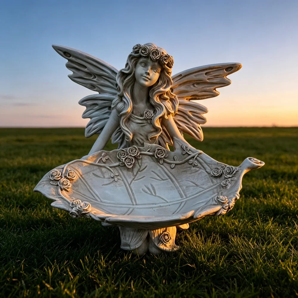 Whimsical Garden Fairy Resin Statue With Leaf Bird Feeder Tray