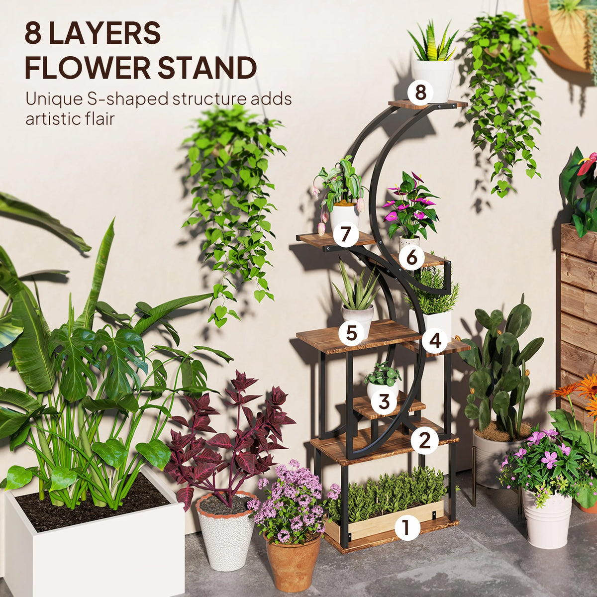 Outsunny Eight Tier Metal Plant Stand With Carbonized Finish