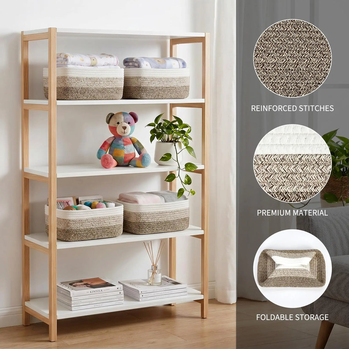 HiMISS Cotton Rope Woven Rectangular Storage Basket Shelf Organizer