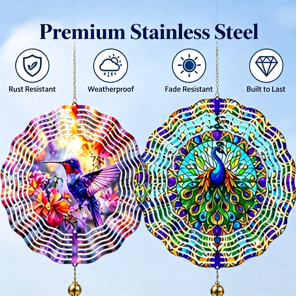 Rotating Hummingbird And Peacock Wind Spinner For Garden Decor