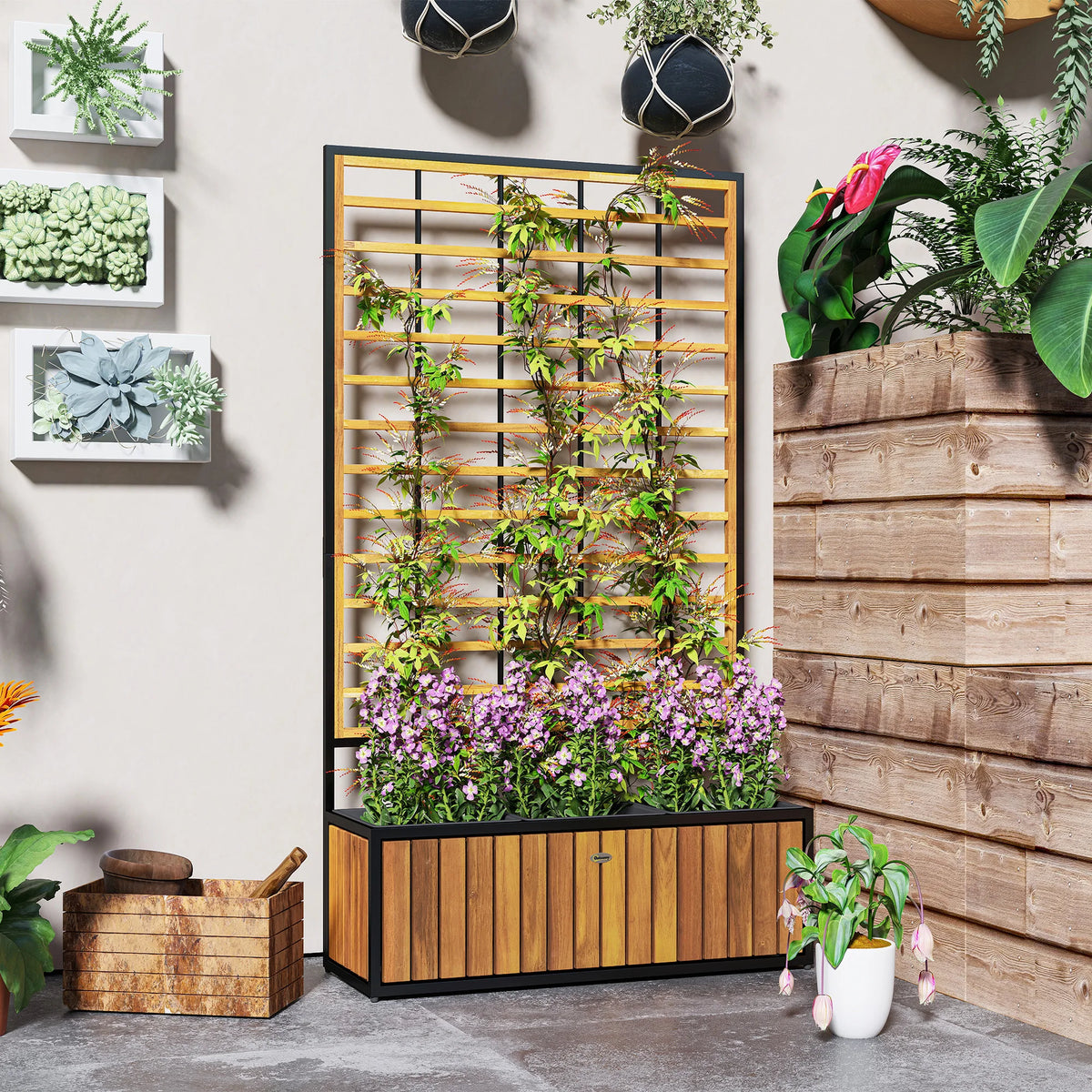 Outsunny Raised Garden Bed With Wooden Trellis And Planters