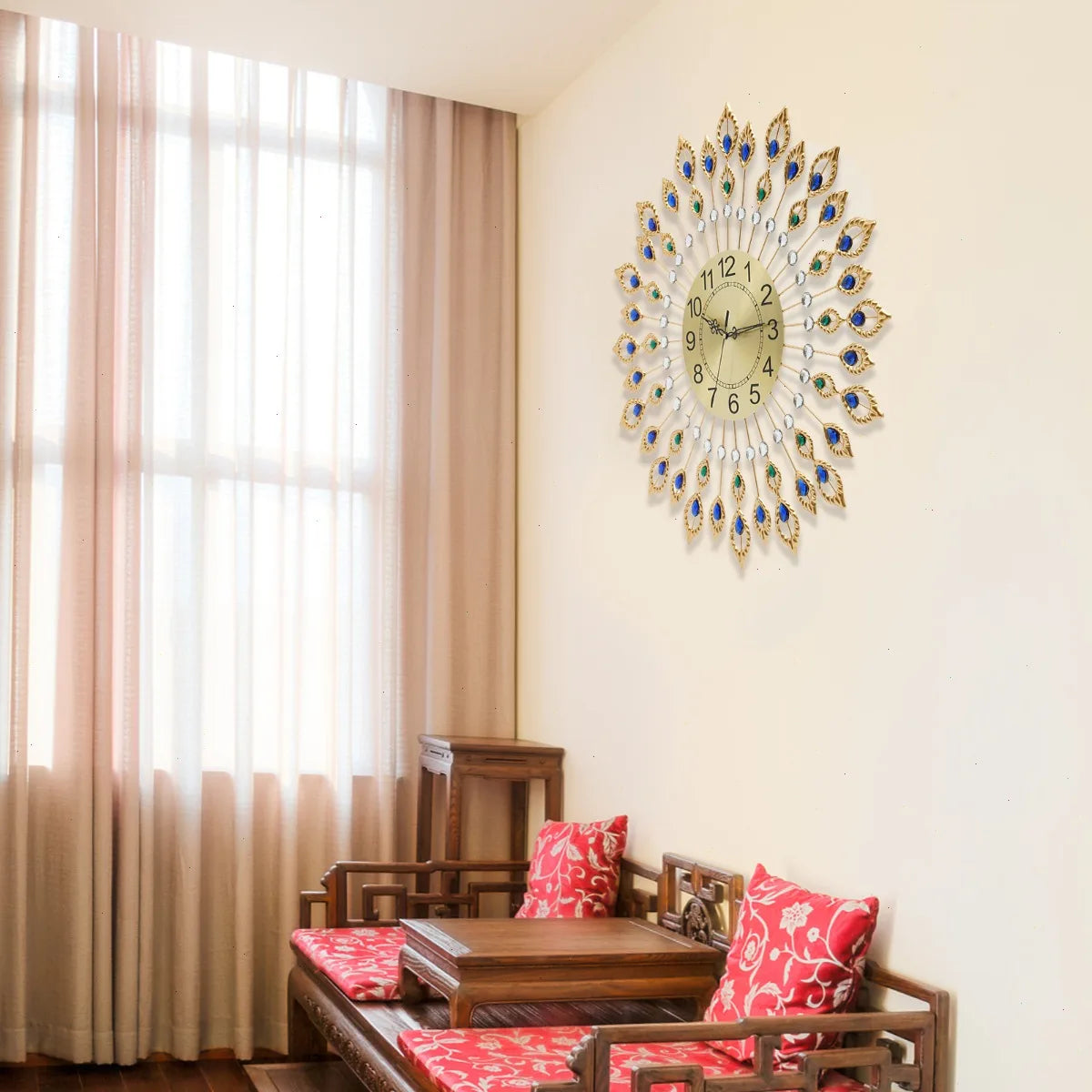 Silent Quartz Peacock Feather Wall Clock With Metal Frame