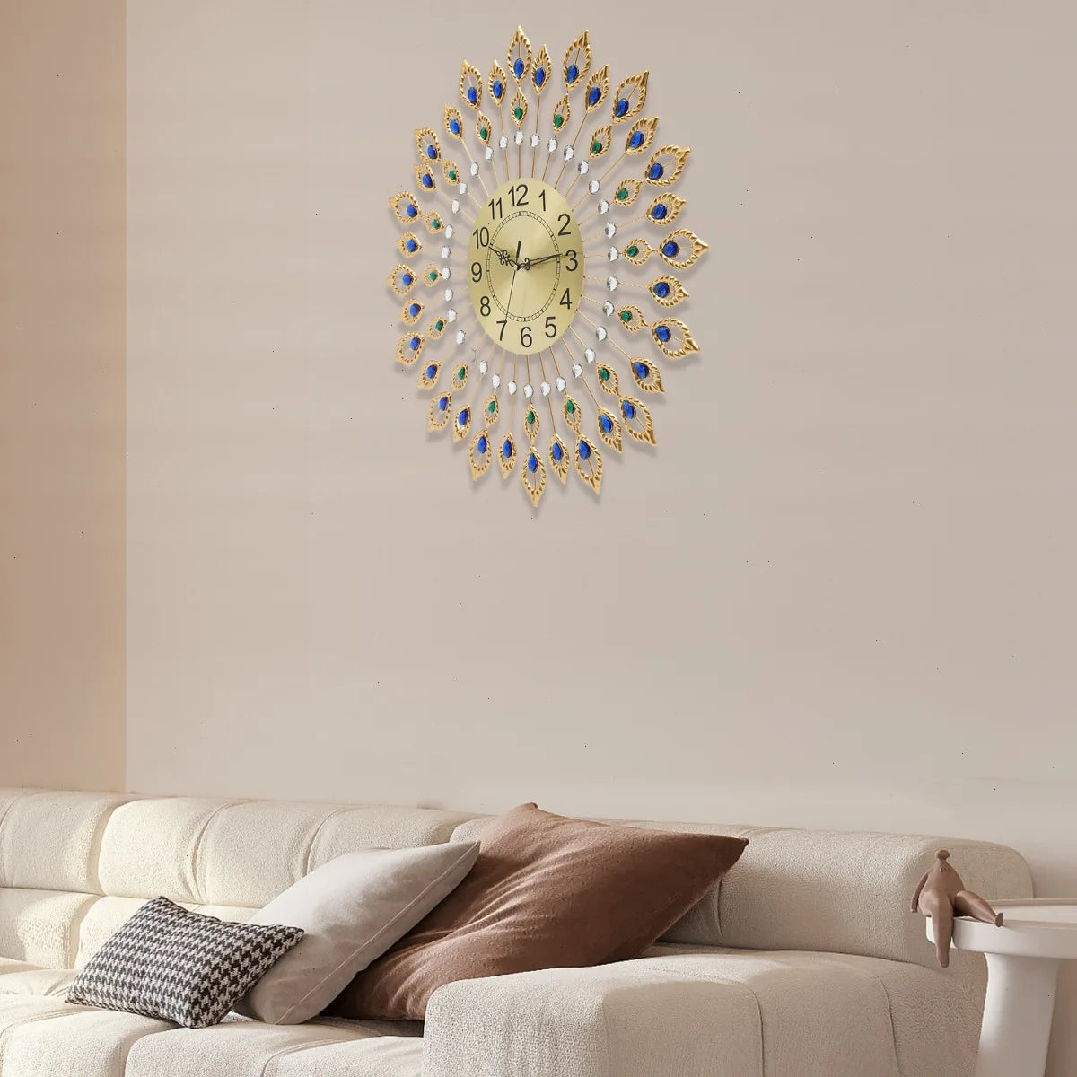 Silent Quartz Peacock Feather Wall Clock With Metal Frame