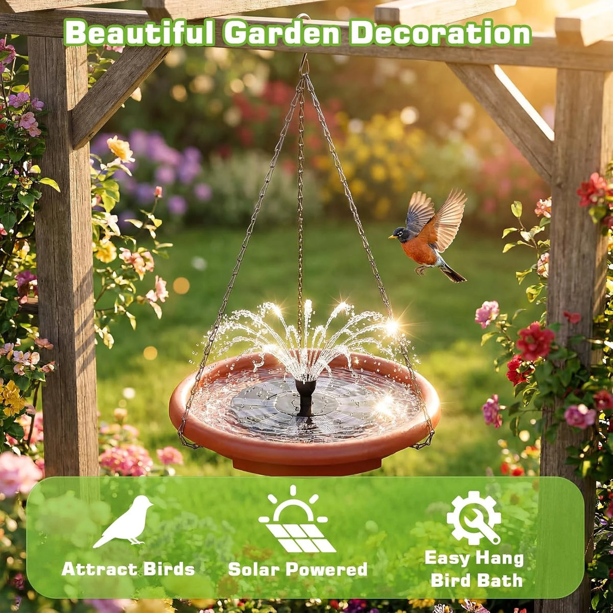 Decorative Hanging Solar Bird Bath And Feeder With Fountain