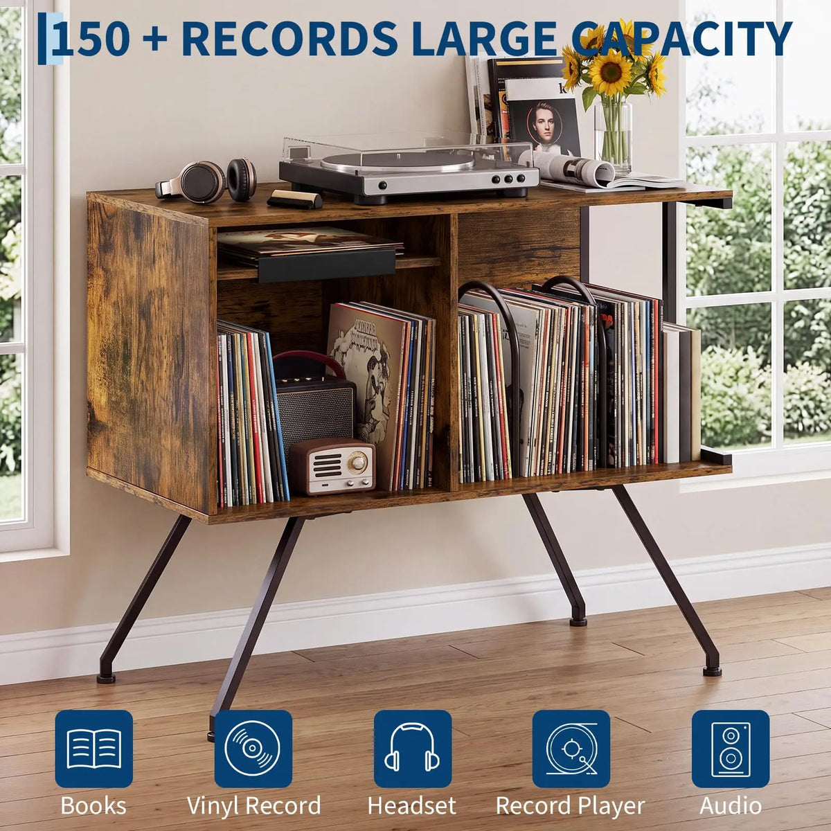 HiMISS Wooden Flip Top Vinyl Record Player Stand With Storage