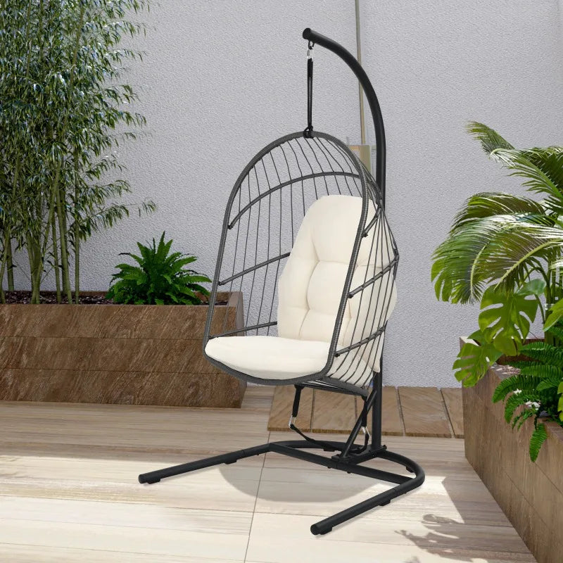 Foldable Wicker Egg Chair With Stand Cushion Indoor Outdoor Patio