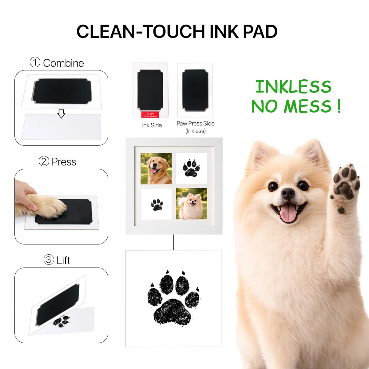 Solid Wood Pet Paw Print Keepsake Frame With Ink Pad