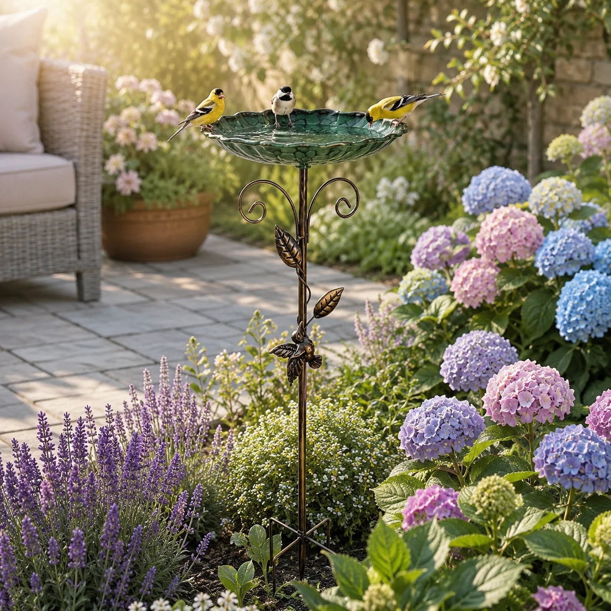 Retro Mosaic Bird Bath With Gold Leaf Outdoor Garden Decor