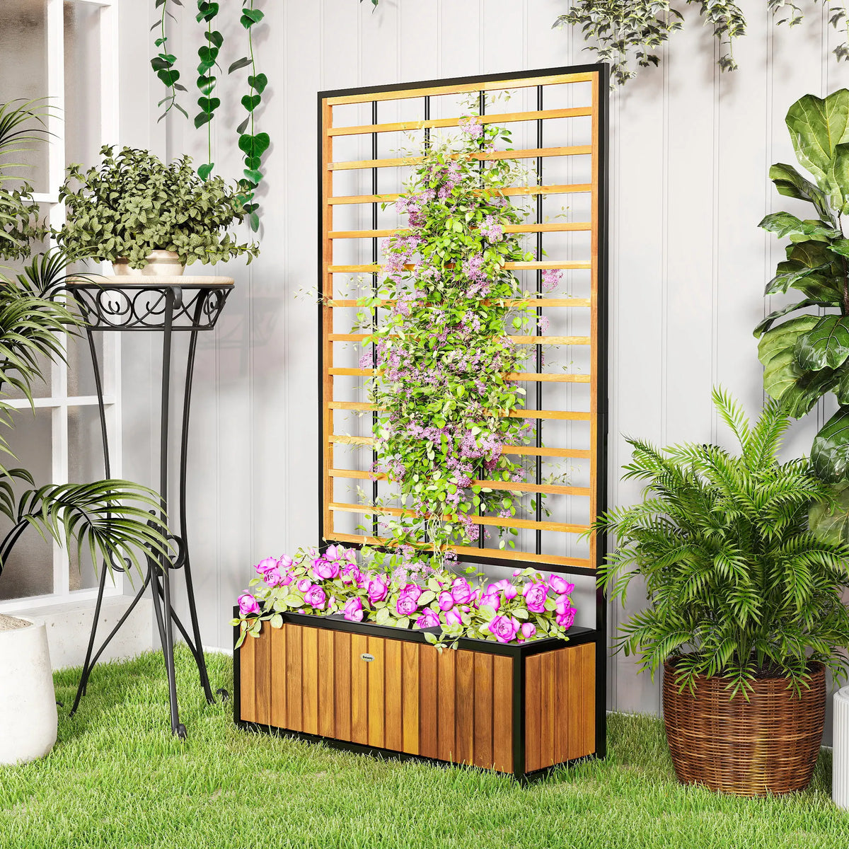 Outsunny Raised Garden Bed With Wooden Trellis And Planters