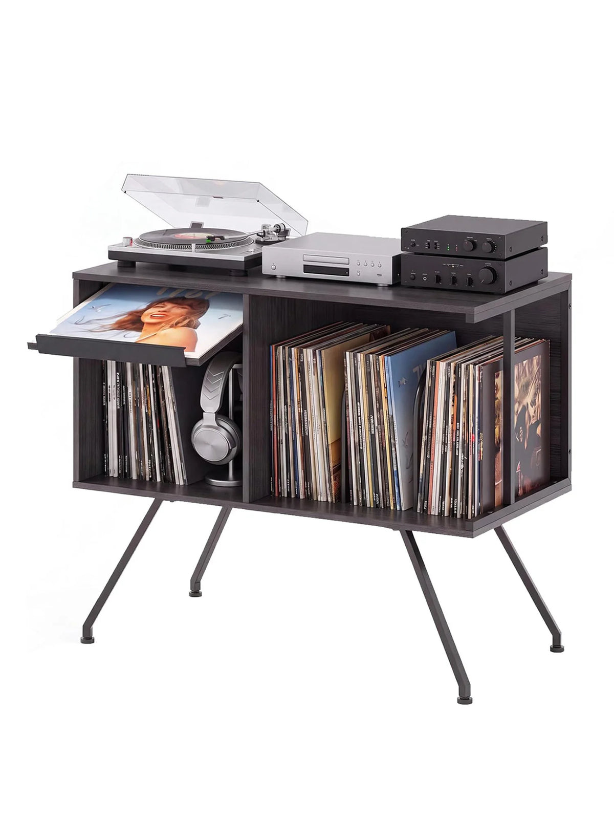 HiMISS Wooden Flip Top Vinyl Record Player Stand With Storage