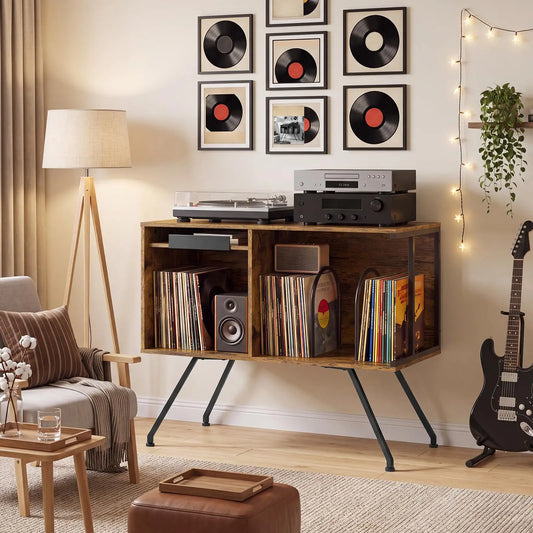 HiMISS Wooden Flip Top Vinyl Record Player Stand With Storage