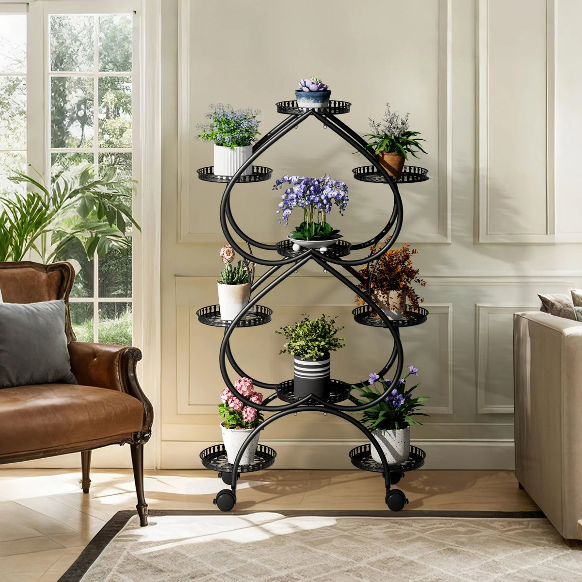Nine Tier Metal Rolling Plant Stand for Garden Display