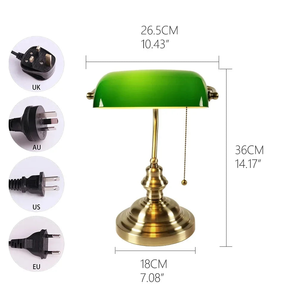 Traditional Glass Bankers Desk Lamp Featuring Zipper Switch And E27