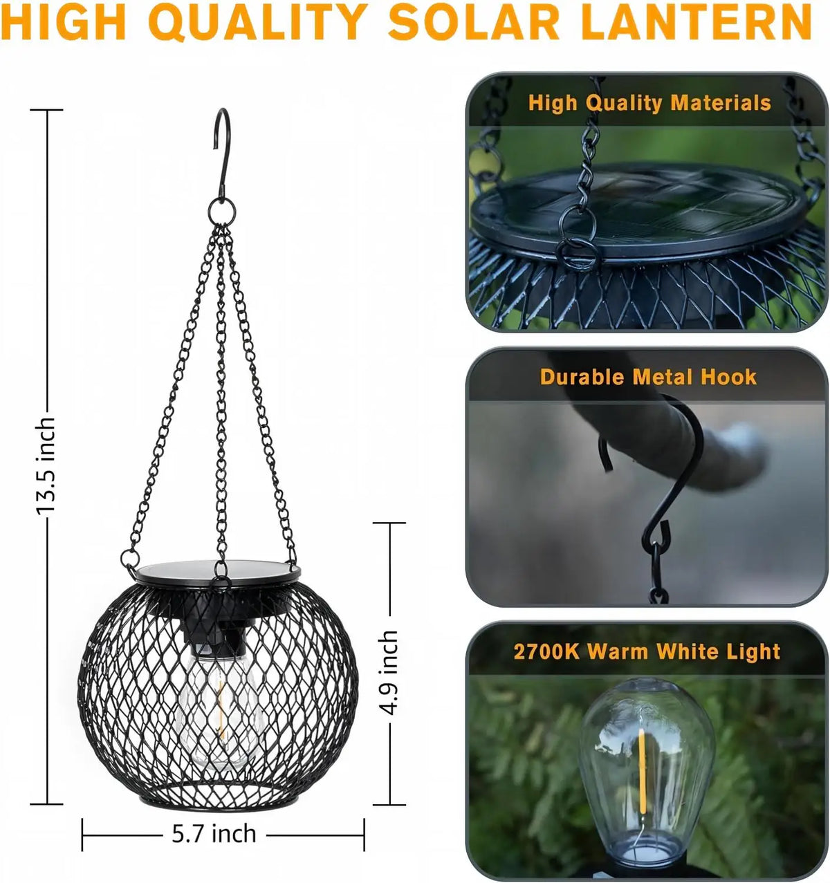 Retro Metal Solar Lanterns Outdoor Waterproof Hanging LED Patio Lighting