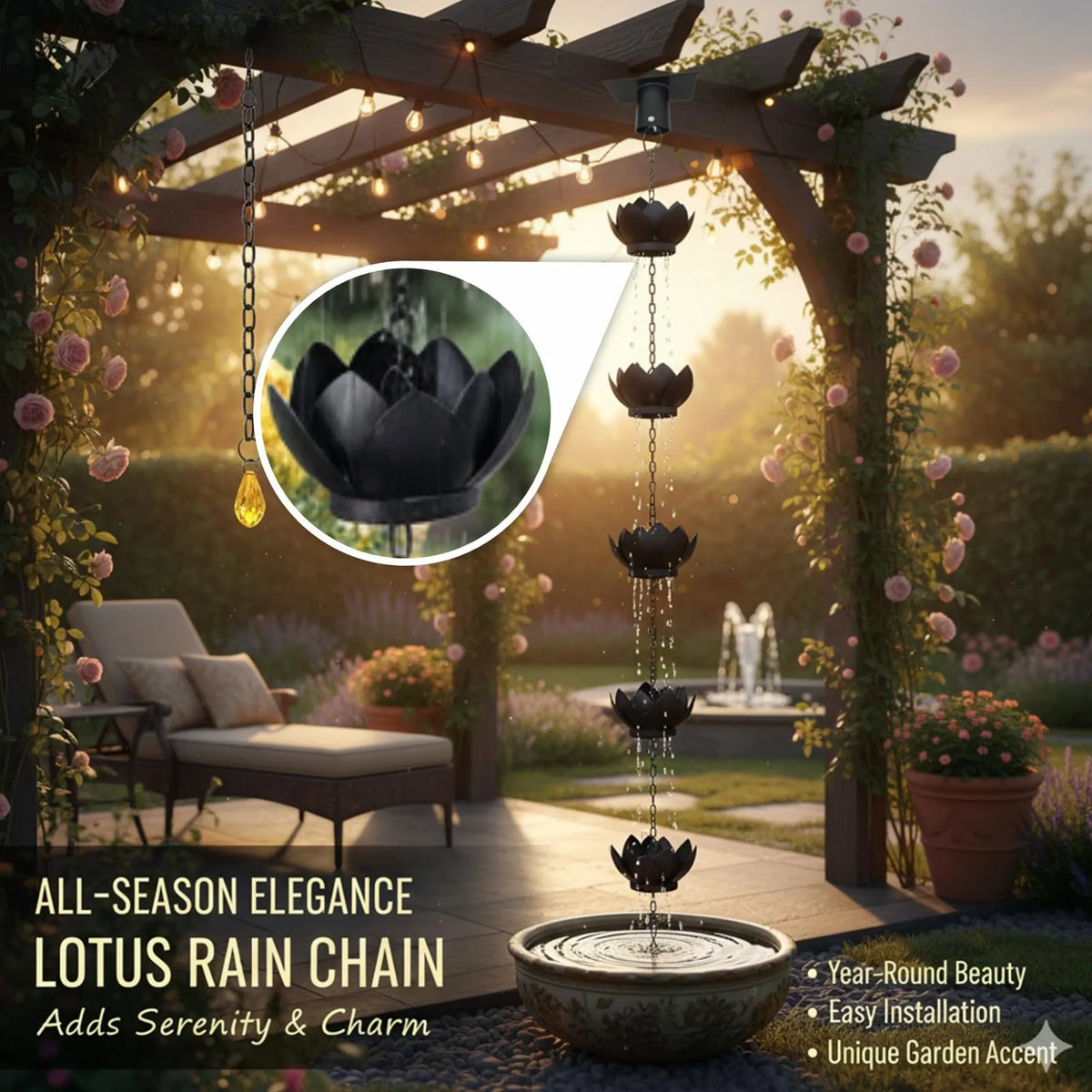 Elegant Lotus Metal Rain Chain With Gutter Adapter For Yard Decor