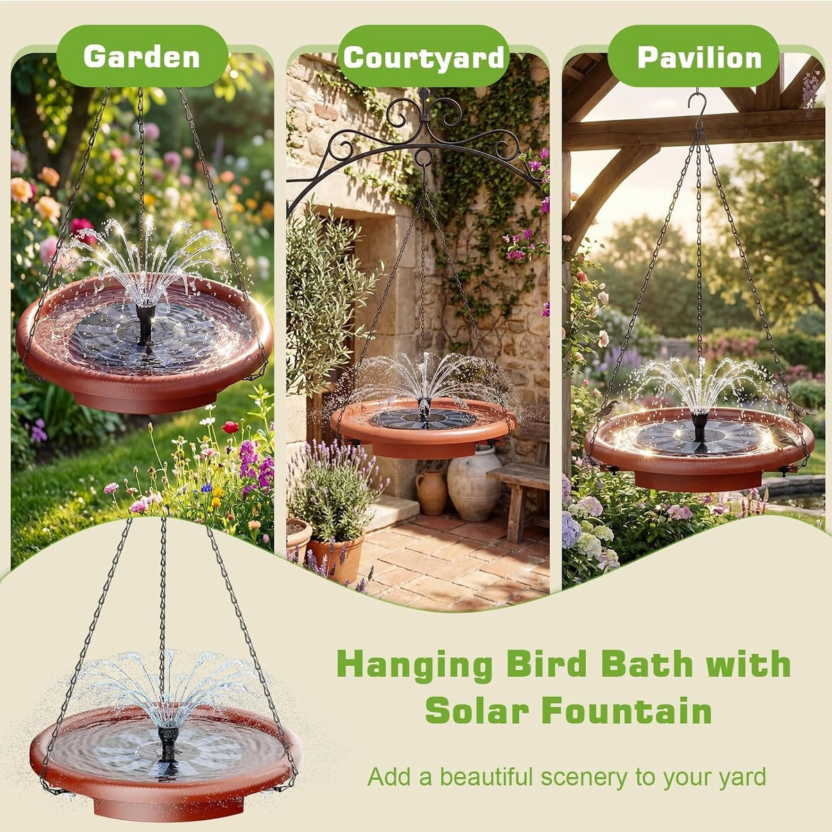 Decorative Hanging Solar Bird Bath And Feeder With Fountain