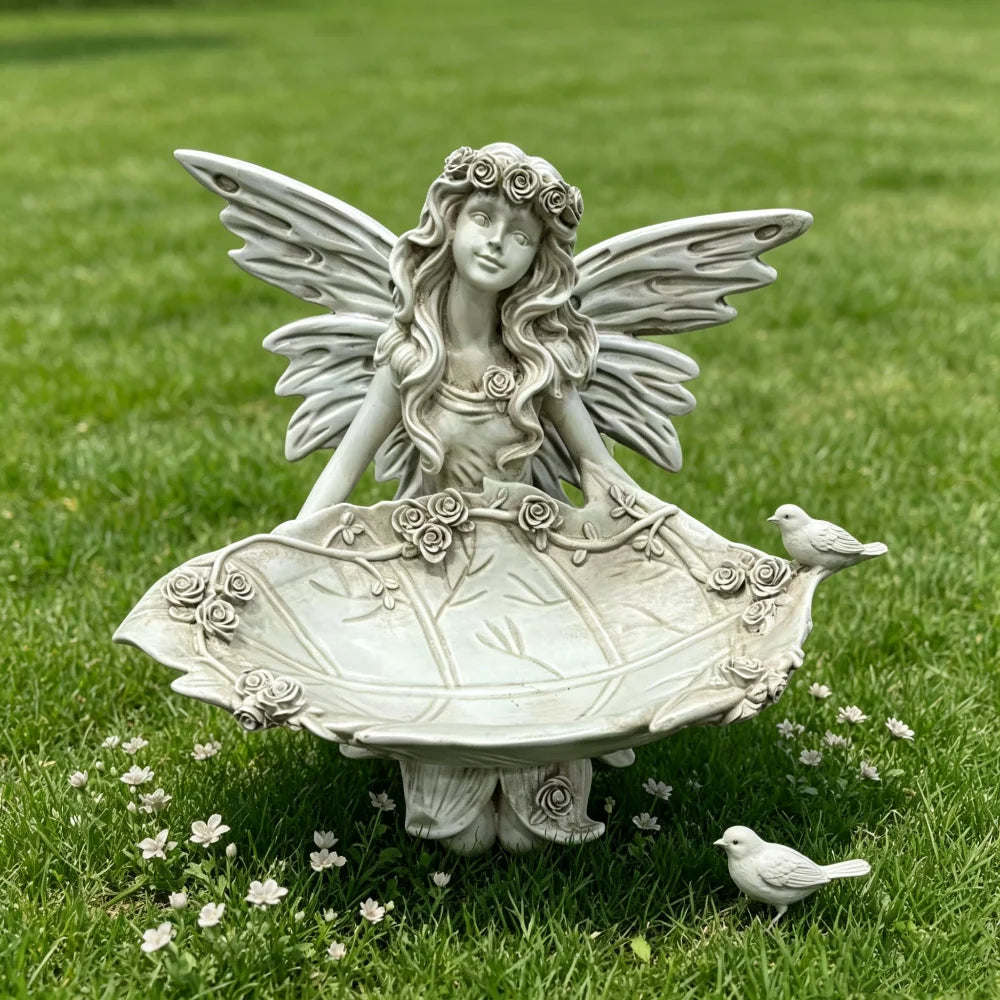Whimsical Garden Fairy Resin Statue With Leaf Bird Feeder Tray