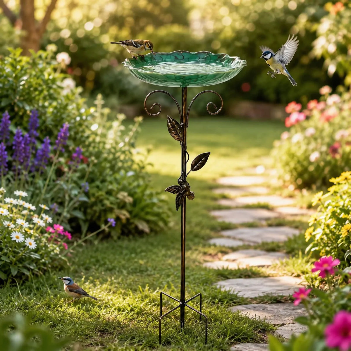Retro Mosaic Bird Bath With Gold Leaf Outdoor Garden Decor