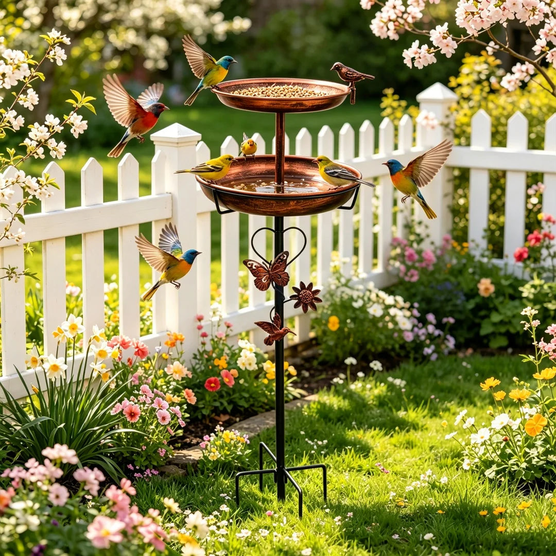 Outdoor Double Layer Bird Feeder and Bath Stand for Garden