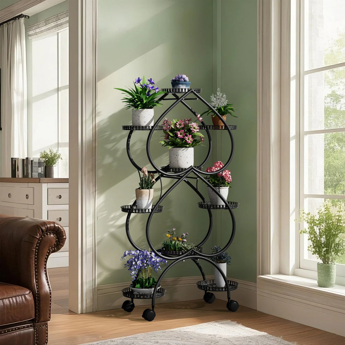 Nine Tier Metal Rolling Plant Stand for Garden Display